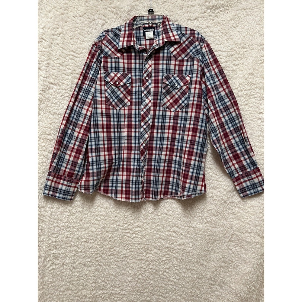 WRANGLER Western Pearl Snap Plaid Shirt Mens XL Cowboy Rodeo Red White Blue